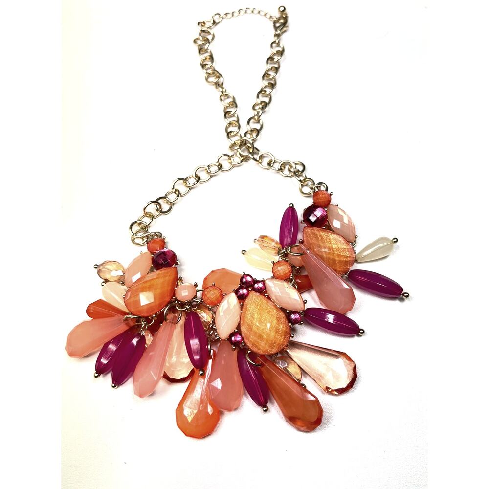 Fuchsia and Peach Statement Necklace Bold Beaded Choker Gold Tone Chain Necklace - Picture 4 of 6